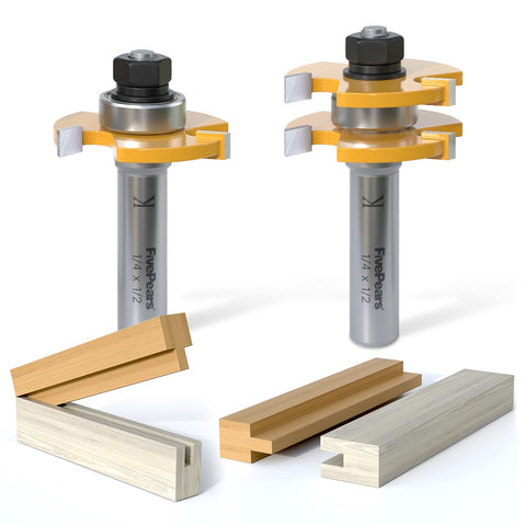 Tongue and Groove Router Bit Set with 1/2 Inch Shank T-Shape 3 Teeth shown with wood samples