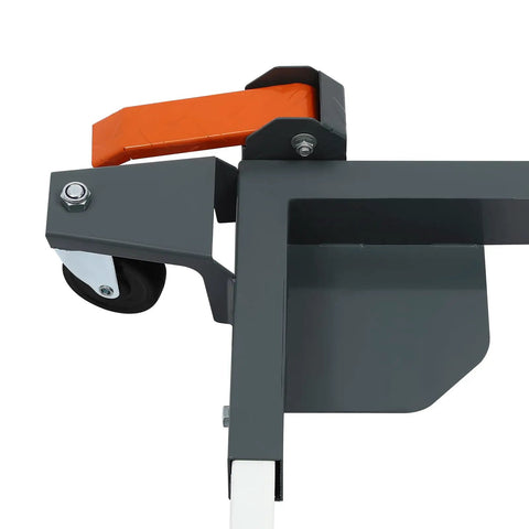 Heavy Duty Fully Adjustable Mobile Base Kit With Universal Steel Caster Wheels for Moving Shop Tools, close-up of swivel wheel and frame detail.