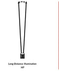 Illustration of beam patterns: wide beam, long-distance, and distance with close-up from Beefy Full Size Rechargeable 450 Lumen LED Flashlight With 12 Volt DC Smart Charger Black IPX4 Water Resistant 1 Meter Impact Tested Four Modes High Medium Low Strobe Serialized For Easy ID.