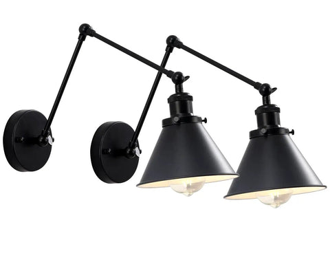 Swing Arm Wall Lamp Set Of 2, Adjustable Black Wall Sconce Hardwired, Modern Industrial Task Lighting For Living Room And Bedroom