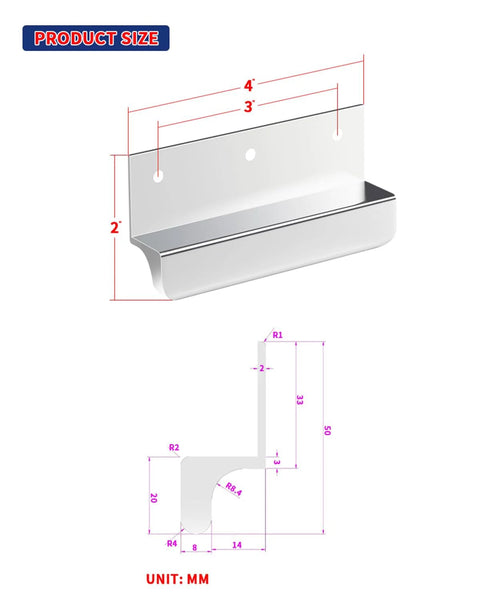 Diagram of adhesive touchless foot pulls for cabinet trash cans, silvery finish, 4 inch dimensions, hands free trash opener.