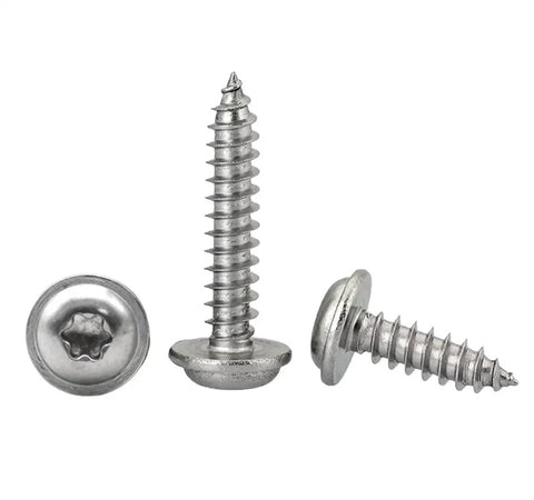 M4x8Mm 304 Stainless Steel Torx Pan Head With Washer Self Tapping Screws Pack Of 50 showing three screws with washer heads.