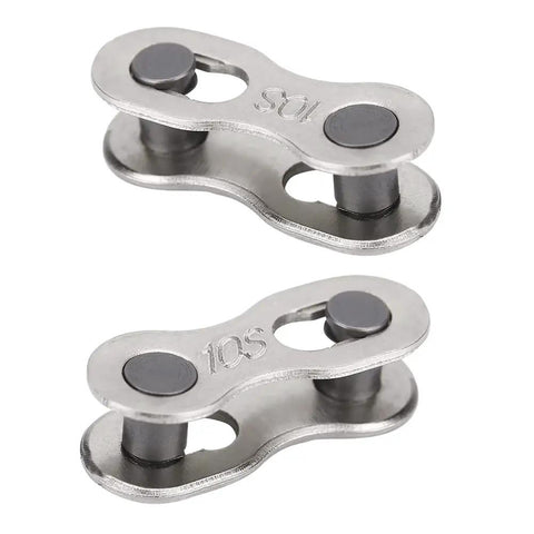 Close-up of silver quick link connectors, part of Bike Chain Repair Tool Kit With Link Pliers And Five Pairs Quick Link Connectors For 10 Speed Chains Reusable Missing Link Buckles Durable MTB Road And BMX On The Go Maintenance Gear