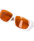 Straight Up Heavy Duty Laser Safety Glasses Broad Spectrum OD Five Plus Coverage Shielding Eyes From Intense Light And Harmful Radiation Wavelengths One Nine Zero To Five Hundred Nm White on white frame with orange lenses.