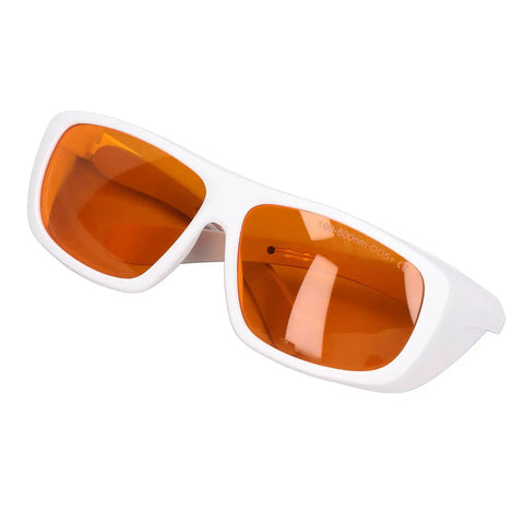 Straight Up Heavy Duty Laser Safety Glasses Broad Spectrum OD Five Plus Coverage Shielding Eyes From Intense Light And Harmful Radiation Wavelengths One Nine Zero To Five Hundred Nm White on white frame with orange lenses.