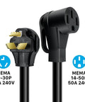 No Sweat Heavy Duty Nema 10 30P Male To 14 50R Female Ev Charger Adapter Cord with black connectors for 240V charging.
