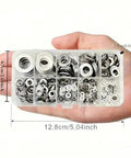 580 Pcs Stainless Steel Washer Set Flat And Spring Lock Washers 9 Sizes M2 To M10 in hand, transparent box with measurements