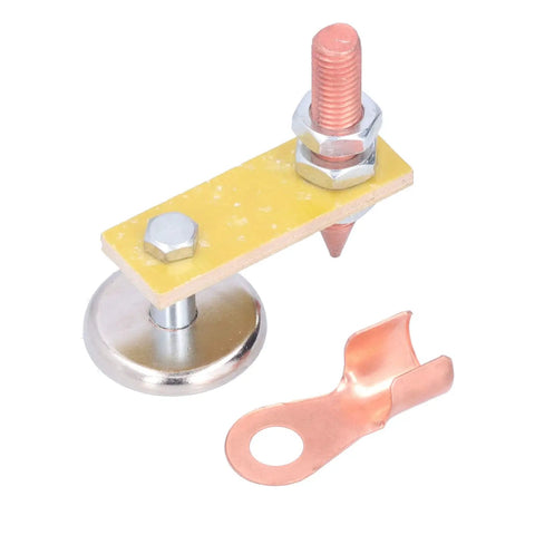 Heavy Duty Magnetic Welding Support With Super Strong Suction And Copper Tail Grounding Tool For Rock Solid Mechanical Repair Work, showing magnet and copper tail.