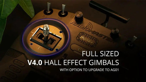 Close-up of RadioMaster Boxer 2.4G 16CH Hall Gimbals Transmitter showcasing full-sized V4.0 hall effect gimbals.