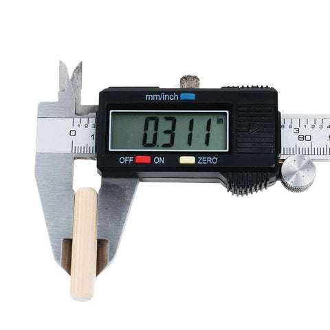 Caliper measuring 5/16 in wood dowel for 100 Pack Five Sixteenths Inch Wood Dowel Pins One And One Half Inch Straight Grooved Hardwood