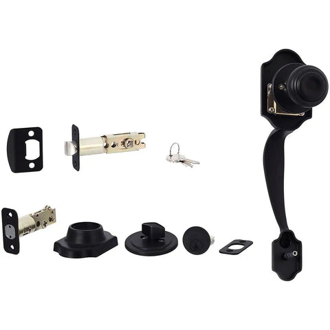 Exterior Door Handle Set With Knob And Deadbolt Matte Black For Your Front Door Easy Install With Adjustable Latch Two And Three Eighths To Two And Three Quarters Includes Two Brass Keys Durable Zinc Alloy Construction For Lasting Security.