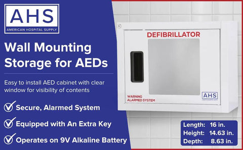 AED cabinet wall-mounted, white metal with viewing window; alarmed defibrillator storage for Zoll/Cardiac Science, AHS logo visible