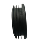 Profile view of a black round plastic end cap for metal tube, marked 60mm OD, part of an eight pack for indoor and outdoor use.