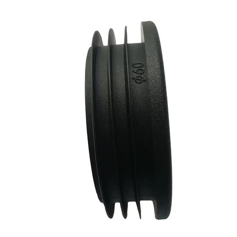 Profile view of a black round plastic end cap for metal tube, marked 60mm OD, part of an eight pack for indoor and outdoor use.