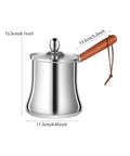 Stainless Steel Turkish Coffee Pot And Melt Pan For Butter Sauces And Frothing Milk 720ml with wooden handle, side view