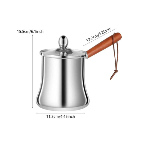 Stainless Steel Turkish Coffee Pot And Melt Pan For Butter Sauces And Frothing Milk 720ml with wooden handle, side view