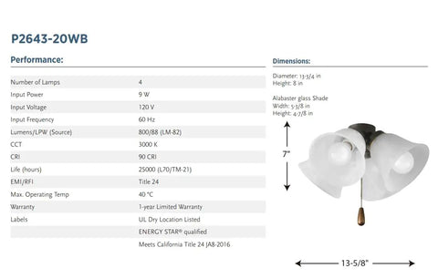 Diagram and specifications for 4 Light Universal Ceiling Fan Light Kit For AirPro Fans, Traditional Rustic Style With Alabaster Glass Shades
