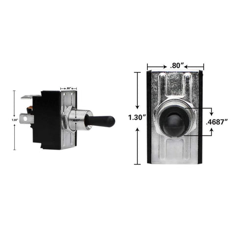 Quick Products JQ-OS operating switch for electric tongue jack; side/front views show black housing and metal mount.