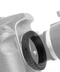 Close-up of Rugged Aluminum M48 0.75 Telescope Adapter Ring on Canon DSLR for astrophotography and telephoto shots.