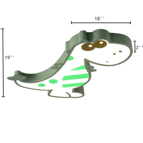 Crazy Dino Themed LED Flush Ceiling Light for Kids Room Nursery, 19 in long, 18 in wide, green dinosaur design with measurements