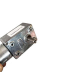 Close-up of 12V DC Worm Gear Motor With Dual Output Shafts Dope Torque, JGY370, metal casing, showing one output shaft.