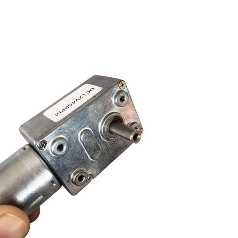 Close-up of 12V DC Worm Gear Motor With Dual Output Shafts Dope Torque, JGY370, metal casing, showing one output shaft.