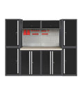Industrial Grade Garage Workbench Set Featuring Rock Solid Metal Lockers Ceiling Cabinets And Perforated Wall Panels with a wood work surface.