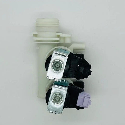 Three Way Water Inlet Valve Solenoid Control For Laundry Machines Built To Last No Fuss Plastic And Metal Construction Fast Precise Flow Switching For Reliable Everyday Appliance Performance. white plastic and metal laundry inlet valve with two solenoids
