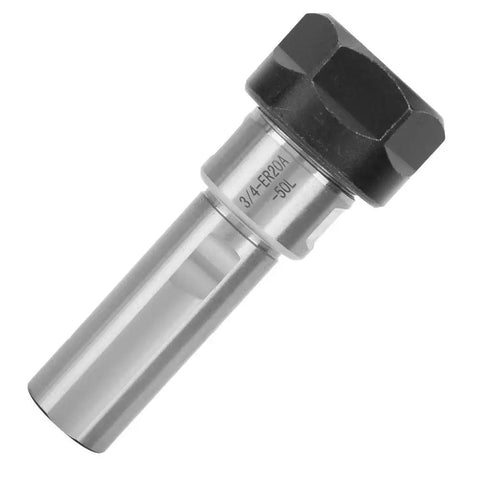 Long Reach CNC Milling Tool Extension Holder With Three Quarters Inch Shank 50mm ER20A-50L shown angled, metal construction