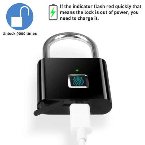 One Touch Fingerprint Lock With USB Charging for gym lockers and bikes, showing charging with green light indicator.