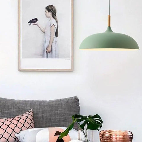 Modern Nordic Style Hanging Lamp Fixture Featuring Solid Wood Accents And Durable Iron Base Super Sleek Green Metal Shade in cozy living room.