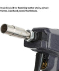 Close-up of Lightweight Pneumatic Nail Gun For Trim And Finish Work, Pin Nailer For Woodwork, showing metal nozzle detail