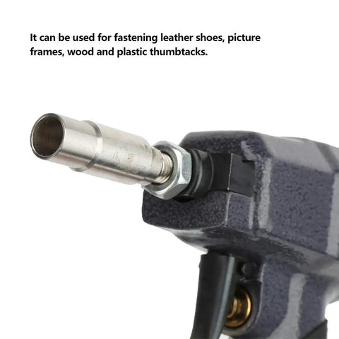 Close-up of Lightweight Pneumatic Nail Gun For Trim And Finish Work, Pin Nailer For Woodwork, showing metal nozzle detail