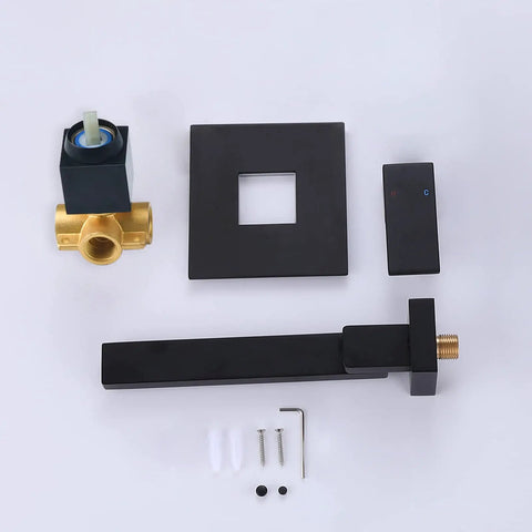 Wall Mount Tub Faucet With Extra Long Spout Single Handle Tub Filler Valve Brass Rough In Matte Black Finish parts displayed