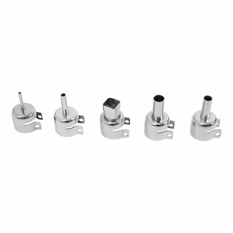 Five metal nozzles for Hot Air Rework Station With 5 Nozzles, 780W Desoldering Power, various shapes for different applications.