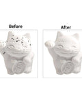 Before and after cleaning comparison of a white ceramic figurine using A1 Nozzle Brush Replacement Kit For 3D Printers With Hotbed Mounted Silicone Wiper.