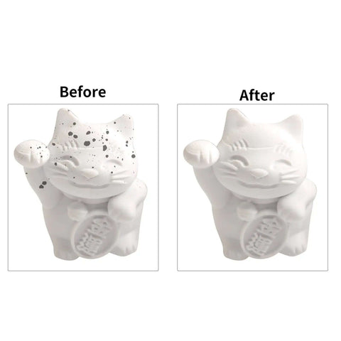 Before and after cleaning comparison of a white ceramic figurine using A1 Nozzle Brush Replacement Kit For 3D Printers With Hotbed Mounted Silicone Wiper.