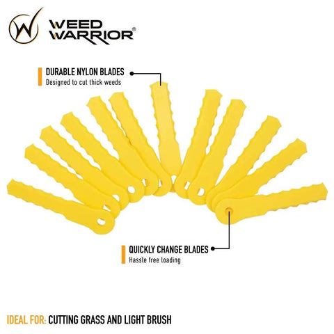 Image of yellow Push N Load Nylon Replacement Blades For Trimmer Head 12 Count Durable Flexible Replacement Parts showing design and features.