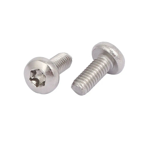 Top Shelf M4x10mm Button Head Torx Screws Featuring Secure T20 Drive Heads Made From High Grade 304 Stainless Steel For Zero Slack Fastening On Any Rig Or Workshop Setup In 20 Pack - Close-Up View of Two Silver Button Head Screws