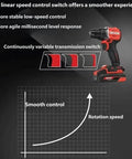 20V Brushless Cordless Drill Driver 55Nm Torque 10Mm Chuck With 2X5Ah Batteries showing speed control switch and performance graph