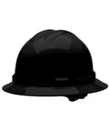 Black full brim hard hat with 4 point ratchet, OSHA and ANSI compliant safety helmet for men and women, made in the USA.
