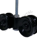 Beefy Barn Door Hanger Trolley Wheel System For Sliding Track With Painted Finish Includes Two Inch Wheel Five And A Half Inch Long Hanger One And Three Eighths Inch Wide And Three Eighths Inch By Seven Inch Screws For Smooth Quiet Sliding Doors