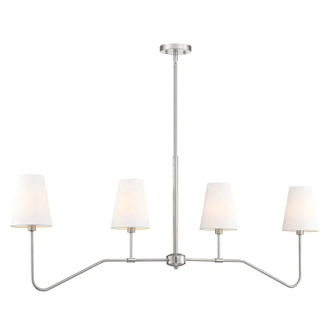 4 Light Linear Kitchen Island Pendant Light Fixture in Brushed Nickel With White Linen Shades, Modern Chandelier, front view
