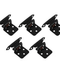 Five black heavy duty steel spring door hinges for RV cabinets and more, semi concealed half overlay design, extra stability.