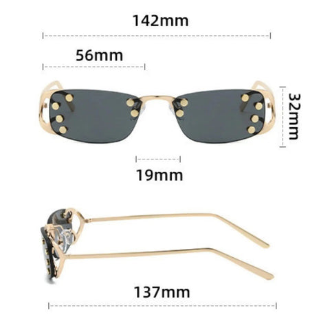 Totally Chic Rimless Women Sunglasses With Dope Silver Metal Frames Featuring Clean Lightweight Rectangle Shades That Bring Major Summer Vibes To Any Fit, front and side view with dimensions.