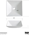 Quattro QM178 Vibrant Matte White 16 Inch Square Bathroom Vessel Sink dimensions and side view illustration.