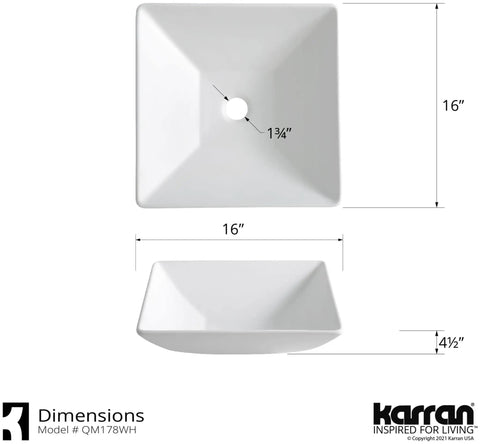 Quattro QM178 Vibrant Matte White 16 Inch Square Bathroom Vessel Sink dimensions and side view illustration.