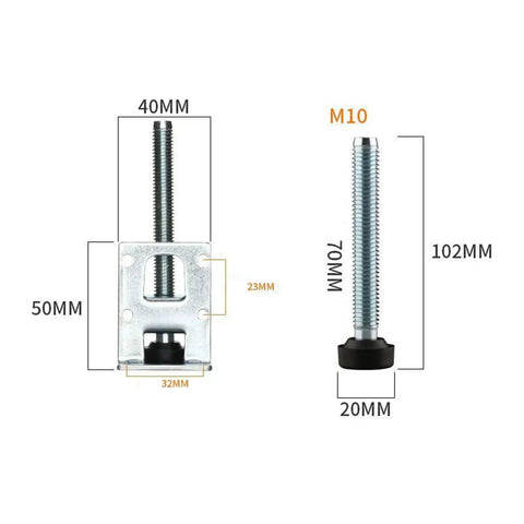 Diagram of Adjustable Table Leg Leveler Foot Set For Chairs Desks And Cabinets 100mm Steel Sofa Lifter with measurements