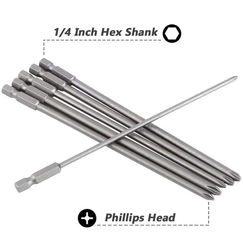 Six Piece One Quarter Inch Hex Shank Phillips Screwdriver Bits Set With Magnetic Cross Heads, displayed to show size and design