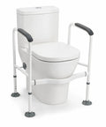 Rock Solid Toilet Safety Rail For Seniors With Heavy Duty Adjustable Steel Frame And A Darn Sure 330 Pound Capacity For Easy Bathroom Transfers And Dependable Home Support, freestanding design with arm grips.